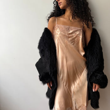 1920’s antique silk slip embroidered lace chemise dress in peach