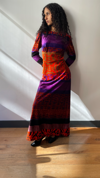 1970’s vintage printed maxi velvet dress