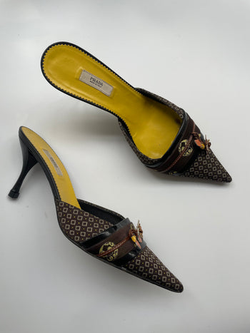 Prada 2003 Kimono print kitten heel mules 38.5 IT