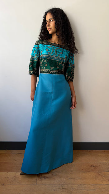 1970’s maxi silk & wool turquoise gown dress