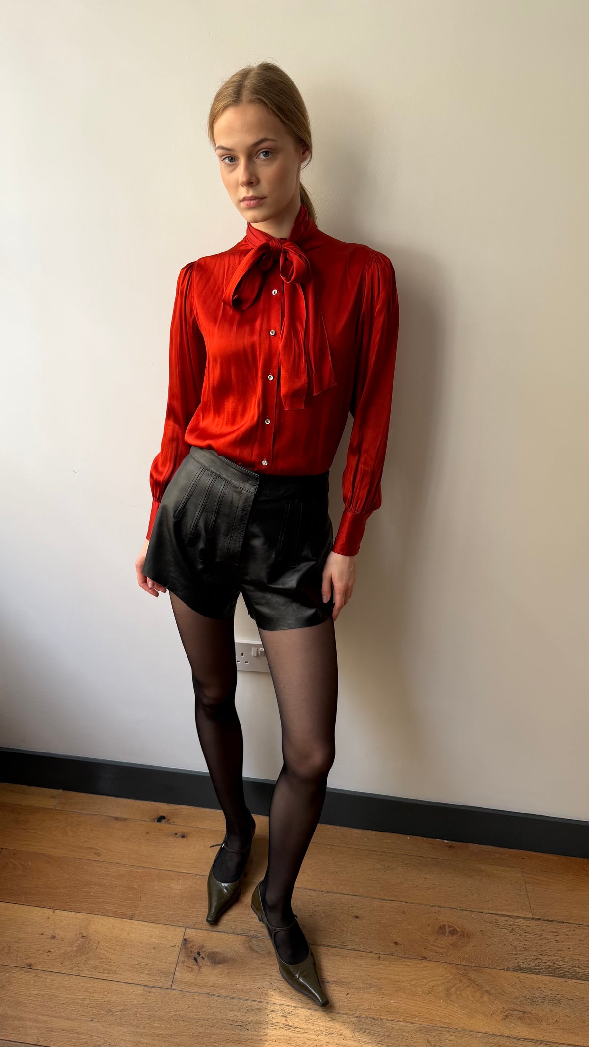 French vintage silk neck tie blouse in brick red XS