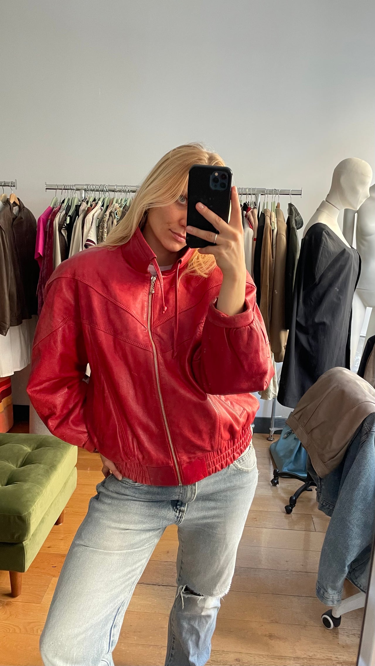 Vintage red leather bomber jacket