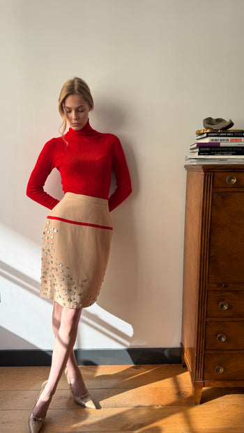 Chanel pear shell button appliqué vintage wool skirt