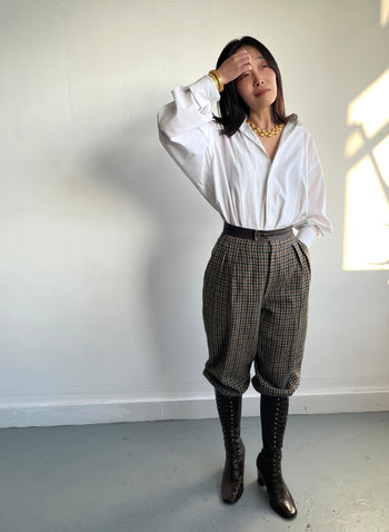 Yves Saint Laurent 70’s vintage wool houndstooth culottes leather belt detailed