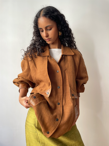 1980’s vintage camel linen blend bomber jacket with leather detailing