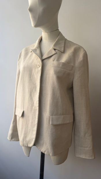 Prada SS1998 linen blend jacket with contrasting yellow green leather cuffs