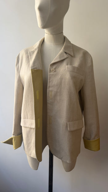 Prada SS1998 linen blend jacket with contrasting yellow green leather cuffs