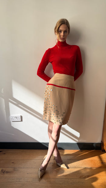 Chanel pear shell button appliqué vintage wool skirt