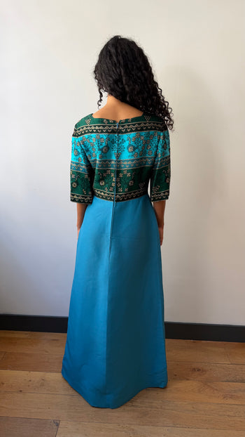 1970’s maxi silk & wool turquoise gown dress