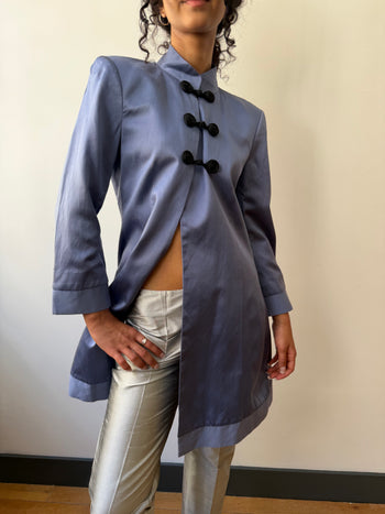Vintage Mandarin pure silk pastel blue long-line jacket