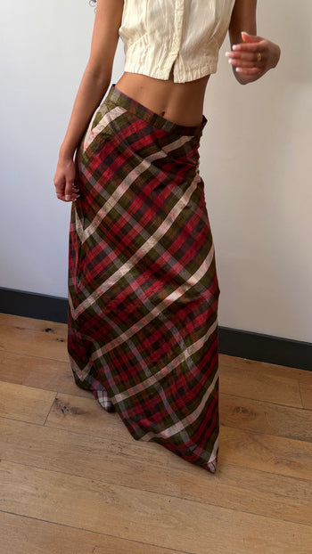 Handmade raw silk check print maxi summer skirt