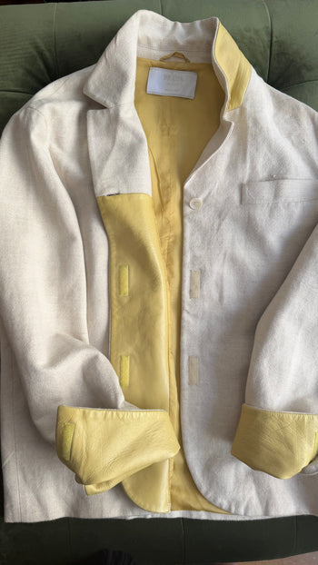 Prada SS1998 linen blend jacket with contrasting yellow green leather cuffs