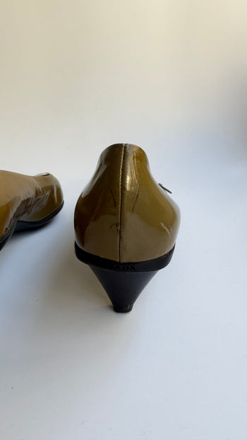 Prada archive olive green patent leather courts