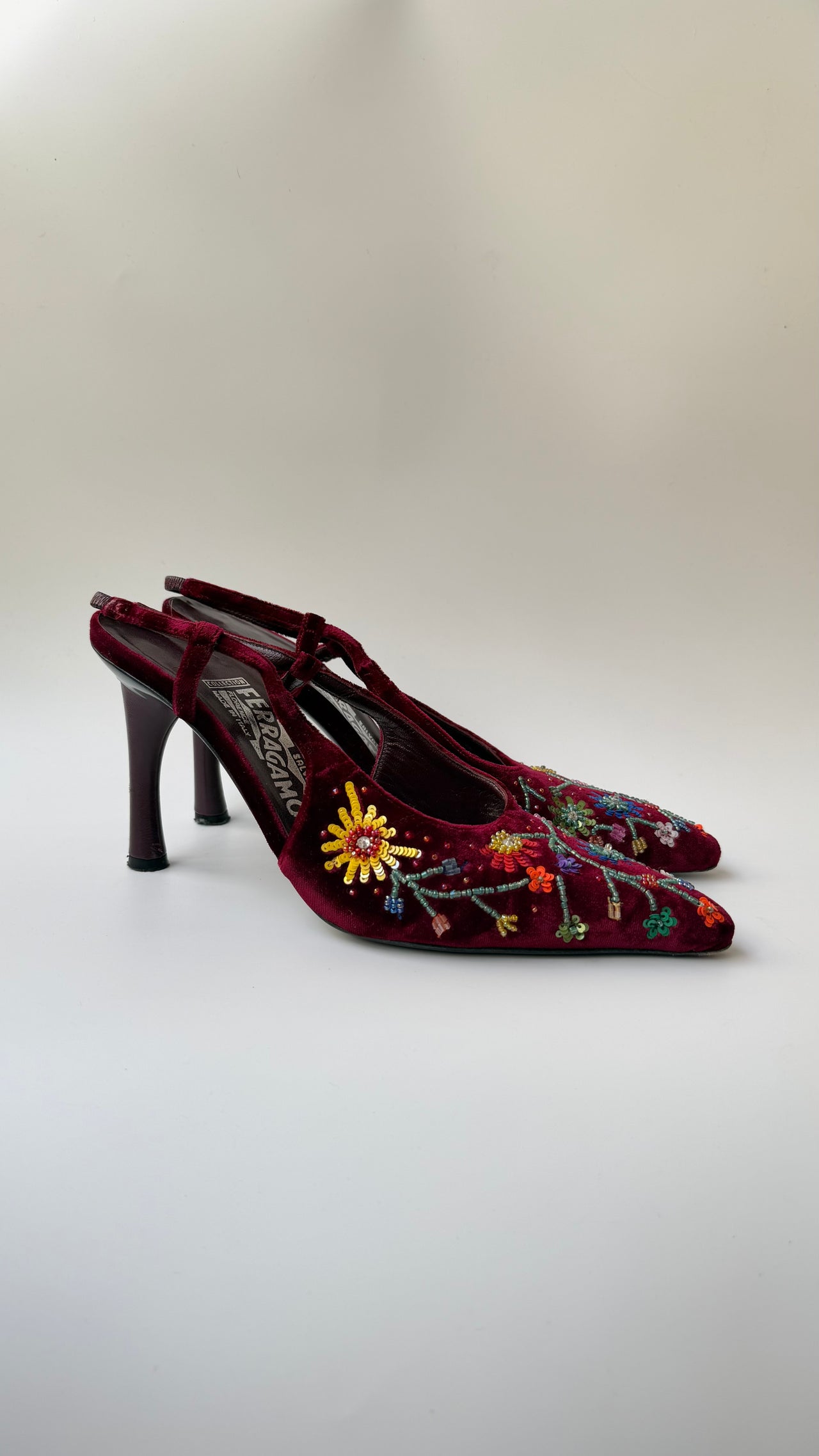 Salvatore Ferragamo beaded velvet slingback courts 38.5