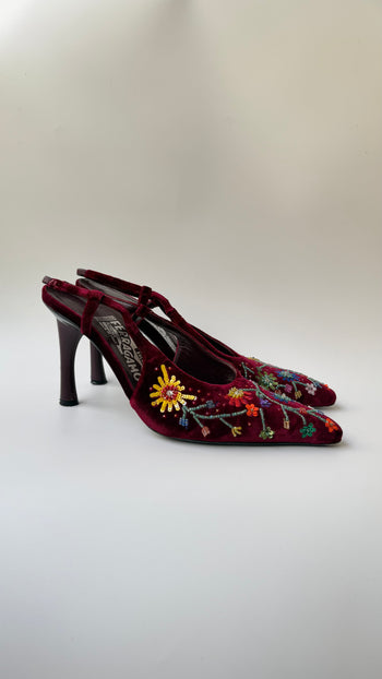 Salvatore Ferragamo beaded velvet slingback courts 38.5