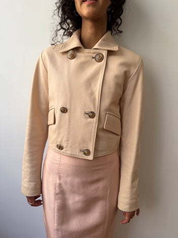 Versace Istante pastel pink double-breasted leather jacket