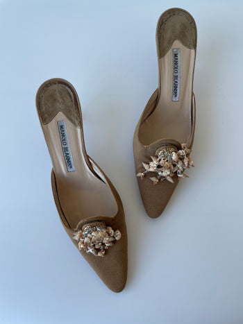 Manolo Blahnik canvas mules with shells 37.5