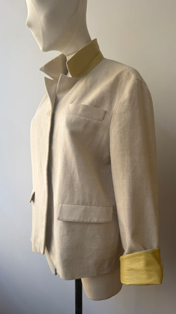 Prada SS1998 linen blend jacket with contrasting yellow green leather cuffs