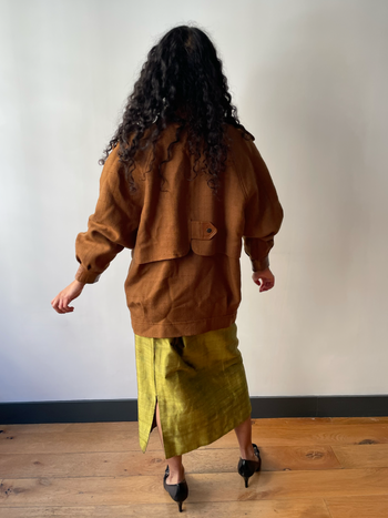 1980’s vintage camel linen blend bomber jacket with leather detailing