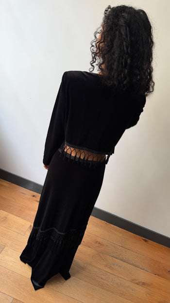 1990’s British vintage tasseled velvet maxi skirt suit set