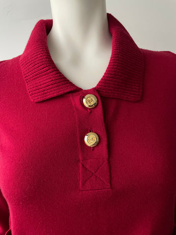 Chanel vintage wool cherry red CC button front pocket jumper