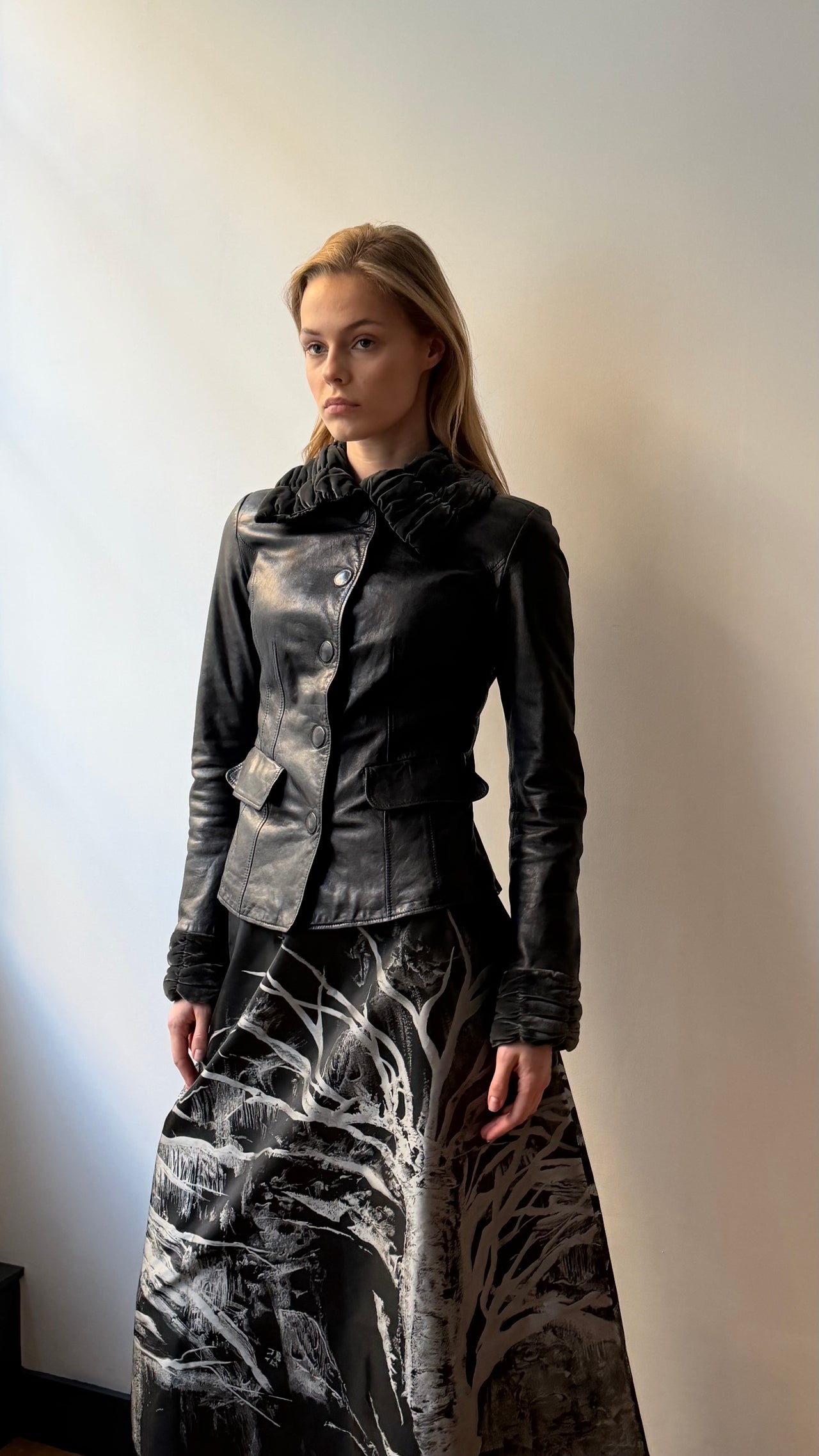 Armani Collezioni leather jacket with ruched velvet detailing