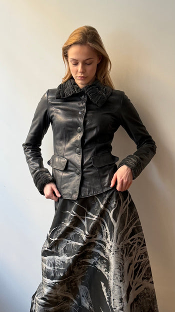 Armani Collezioni leather jacket with ruched velvet detailing