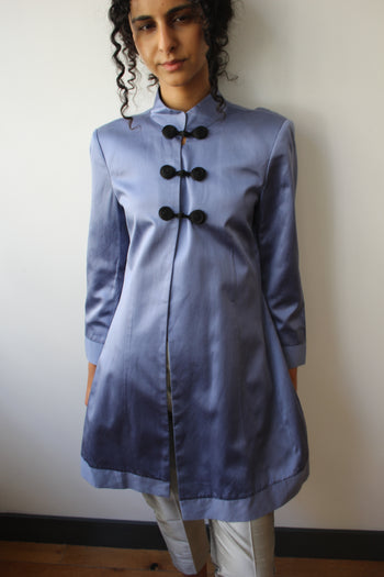 Vintage Mandarin pure silk pastel blue long-line jacket