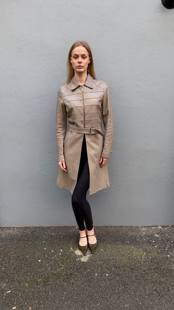 Barbara Buiko leather in stone colour long-line coat