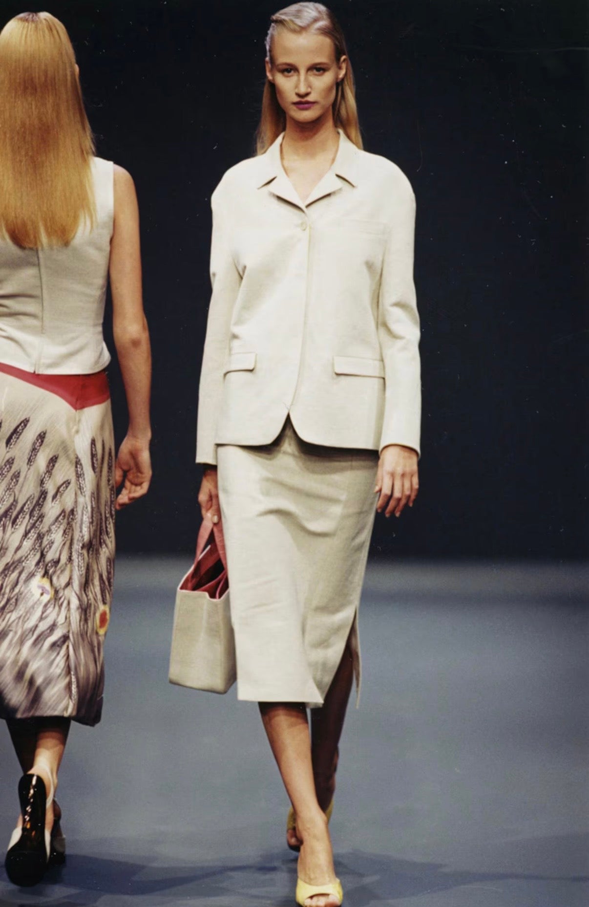 Prada SS1998 linen blend jacket with contrasting yellow green leather cuffs