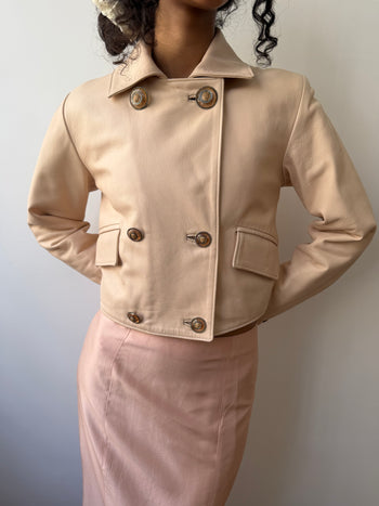 Versace Istante pastel pink double-breasted leather jacket