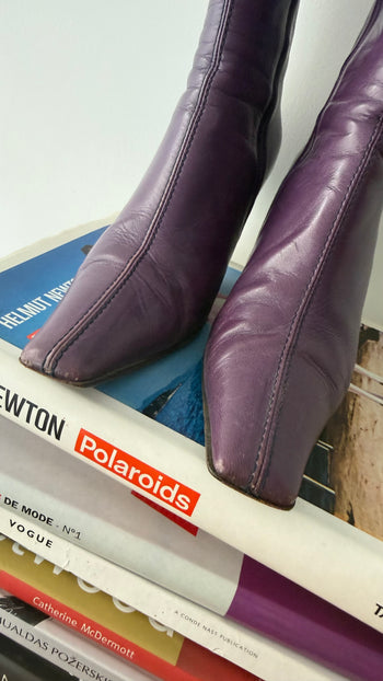 Miu Miu purple square toe kitten heel boots