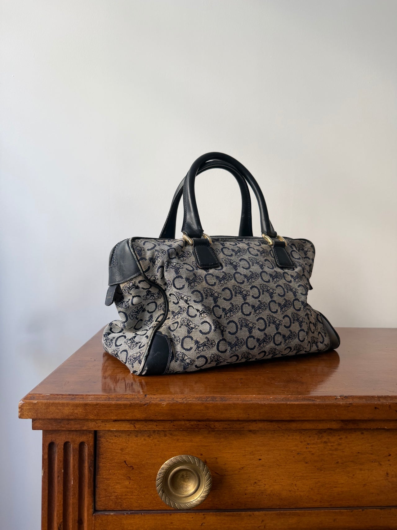 Celine vintage Boston handbag in navy canvas monogram