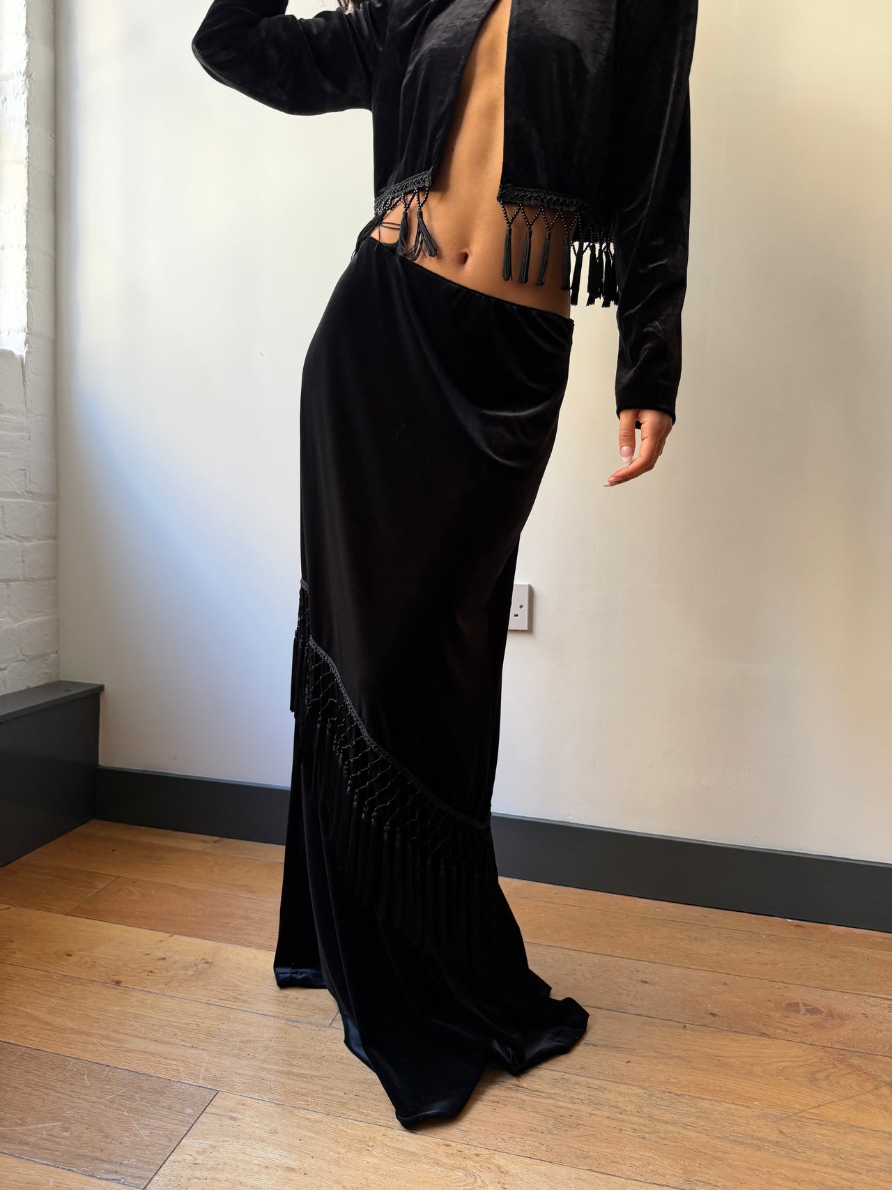 British vintage fringed maxi velvet skirt