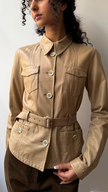 Prada 2002 Safari style butter soft leather belted leather jacket