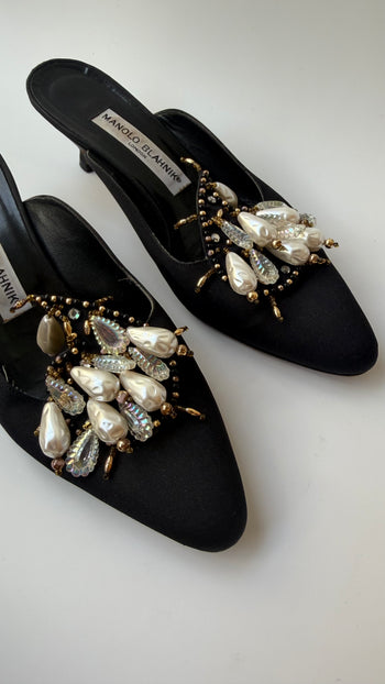 Manolo Blahnik vintage evening mules with faux pearls 37.5