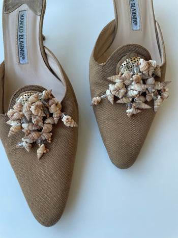 Manolo Blahnik canvas mules with shells 37.5