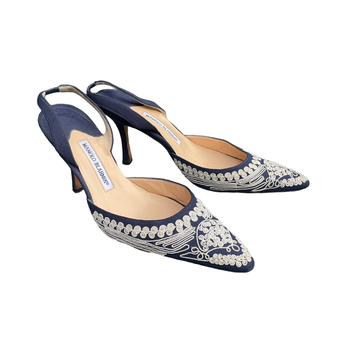 Manolo Blahnik embroidered denim slingback courts 38