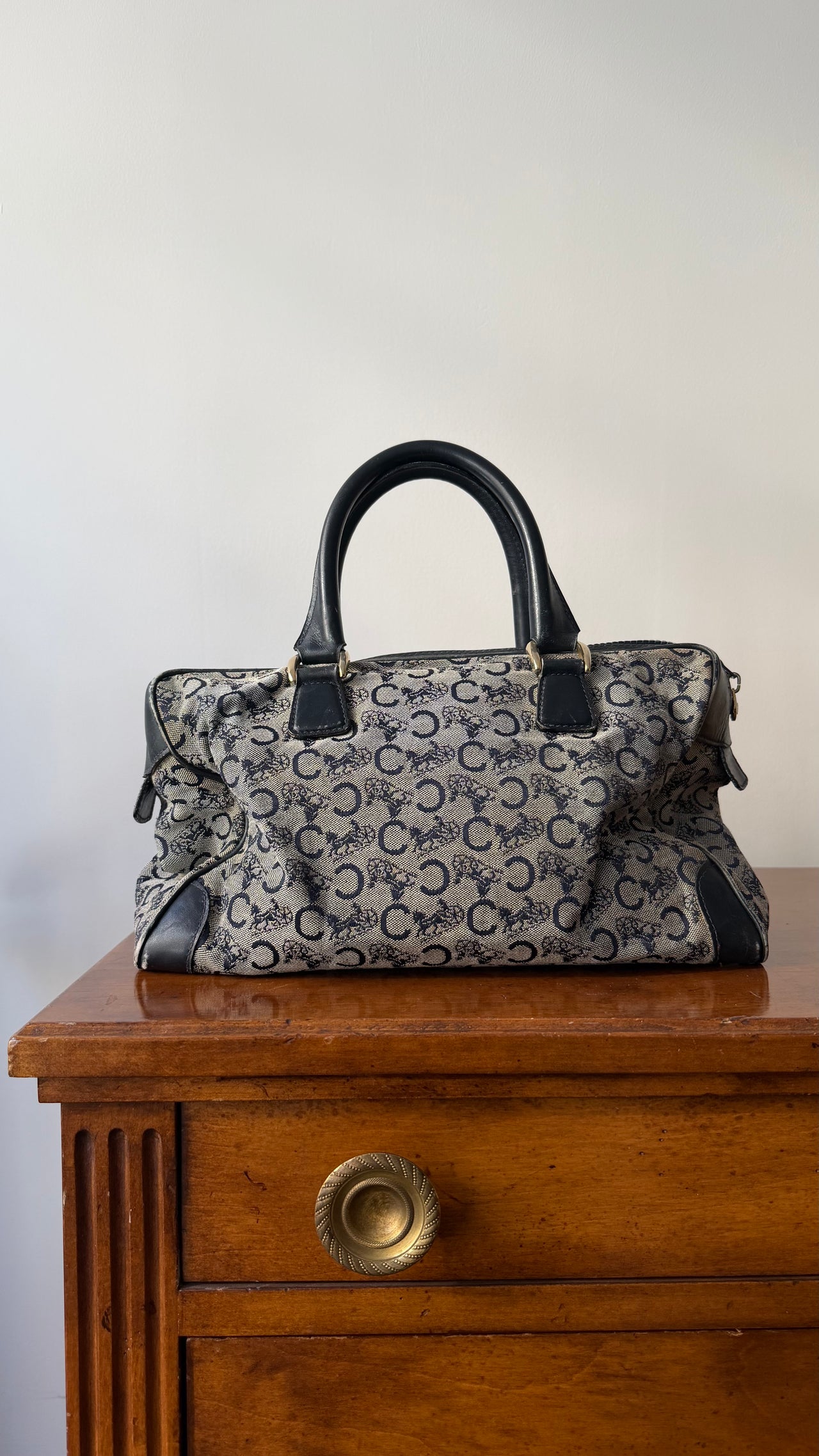 Celine vintage Boston handbag in navy canvas monogram