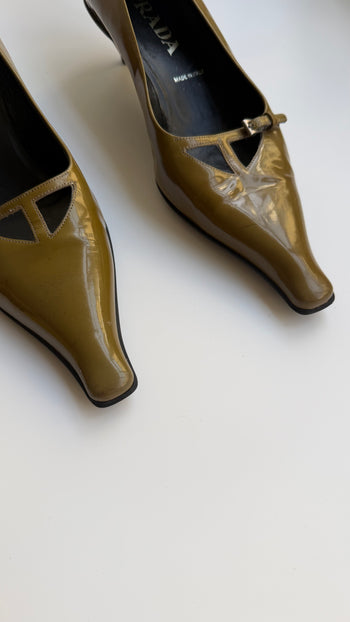 Prada archive olive green patent leather courts