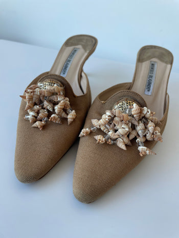 Manolo Blahnik canvas mules with shells 37.5