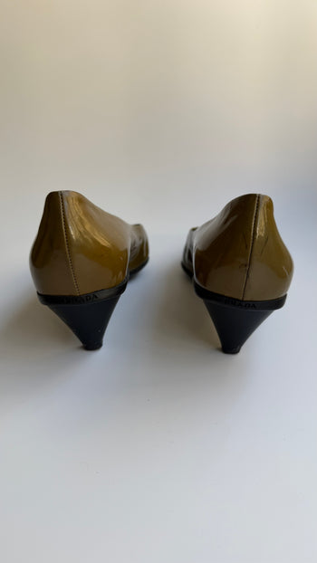 Prada archive olive green patent leather courts