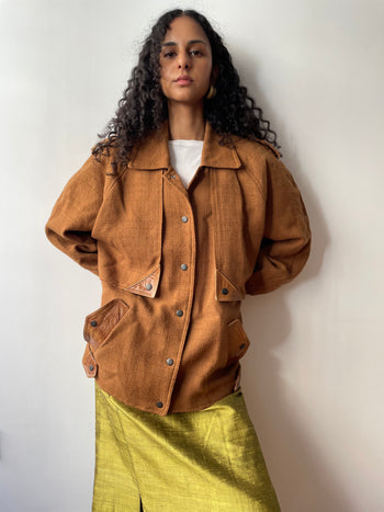 1980’s vintage camel linen blend bomber jacket with leather detailing