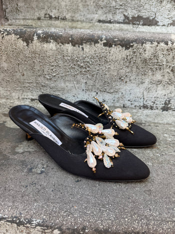 Manolo Blahnik vintage evening mules with faux pearls 37.5