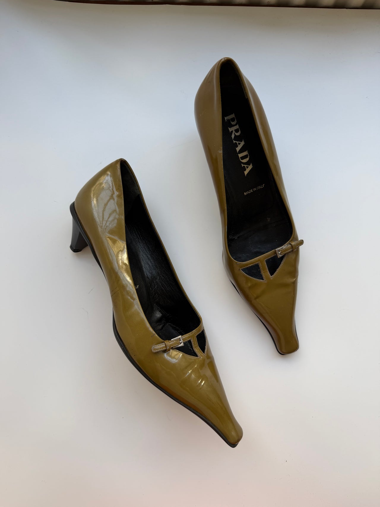 Prada archive olive green patent leather courts