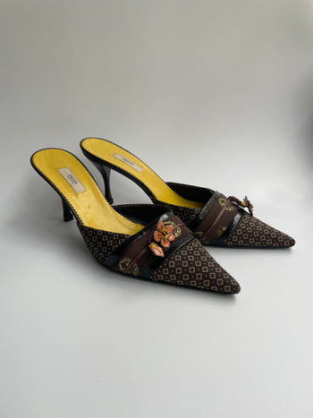 Prada 2003 Kimono print kitten heel mules 38.5 IT