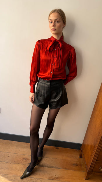 Vintage silk neck tie blouse in brick red
