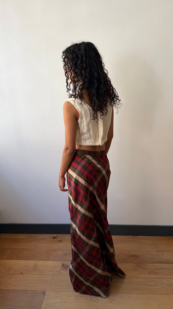 Handmade raw silk check print maxi summer skirt