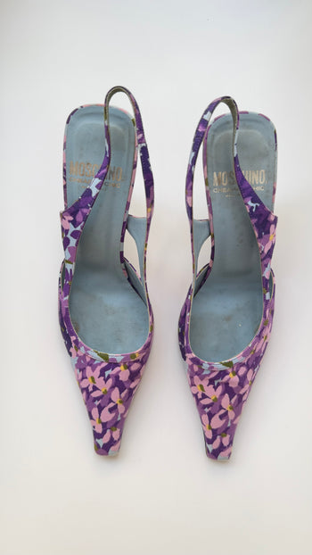 Moschino purple flower print slingback kitten heels 37.5