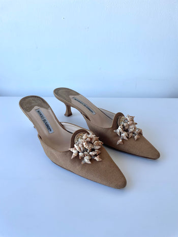 Manolo Blahnik canvas mules with shells 37.5